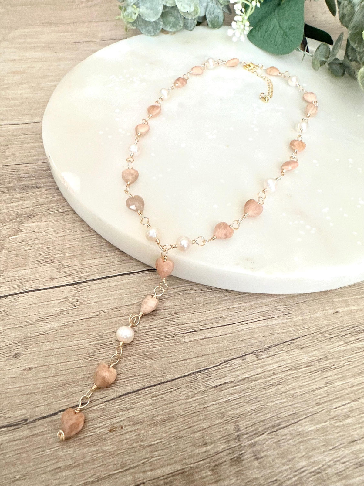 Peach Moonstone Hearts and Freshwater Pearls Necklace-Gifts for Her - Y Necklace