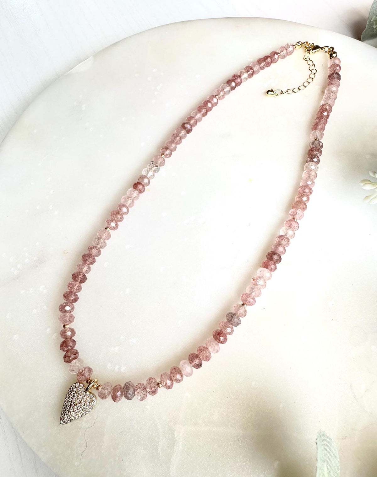 Strawberry Quartz Heart Necklace | Pink Gemstone Beaded Necklace | Romantic Pavé Heart Pendant | Valentine’s Day Gift for Her | Handmade Gol
