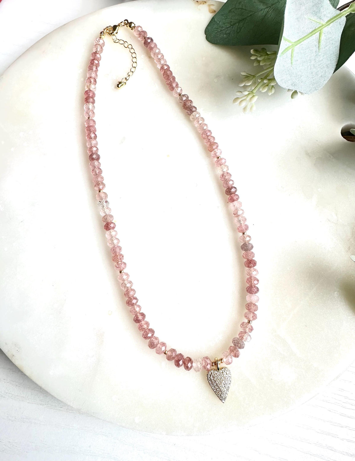Strawberry Quartz Heart Necklace | Pink Gemstone Beaded Necklace | Romantic Pavé Heart Pendant | Valentine’s Day Gift for Her | Handmade Gol