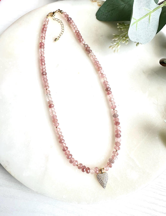 Strawberry Quartz Heart Necklace | Pink Gemstone Beaded Necklace | Romantic Pavé Heart Pendant | Valentine’s Day Gift for Her | Handmade Gol