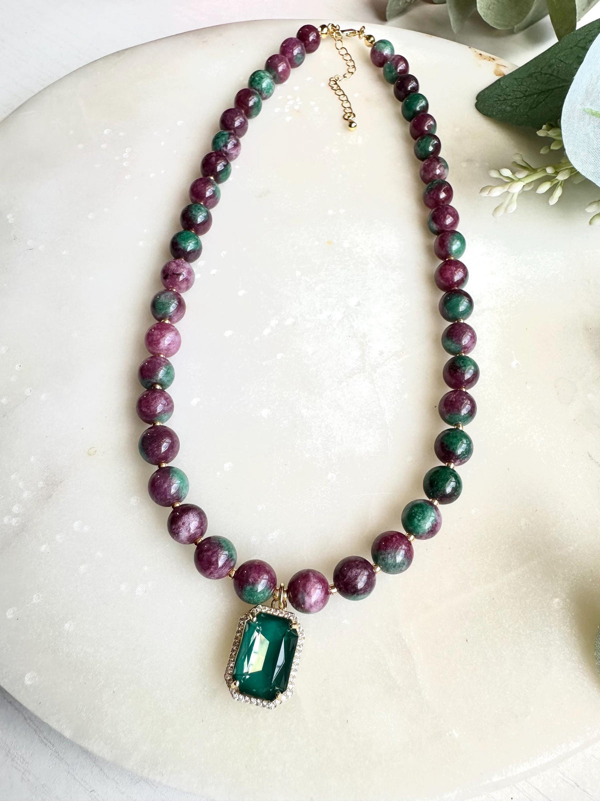Ruby Zoisite Necklace with Green Gemstone Pendant | Ruby Zoisite Beaded Necklace | Statement Gemstone Jewelry | Handmade Necklace