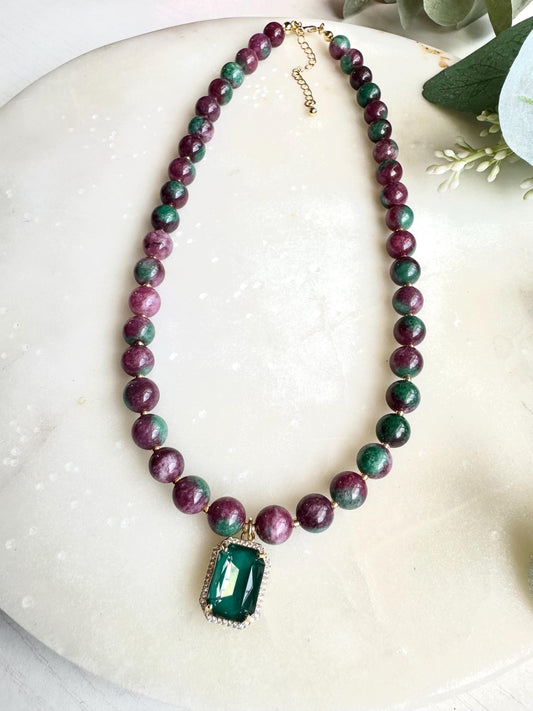 Ruby Zoisite Necklace with Green Gemstone Pendant | Ruby Zoisite Beaded Necklace | Statement Gemstone Jewelry | Handmade Necklace