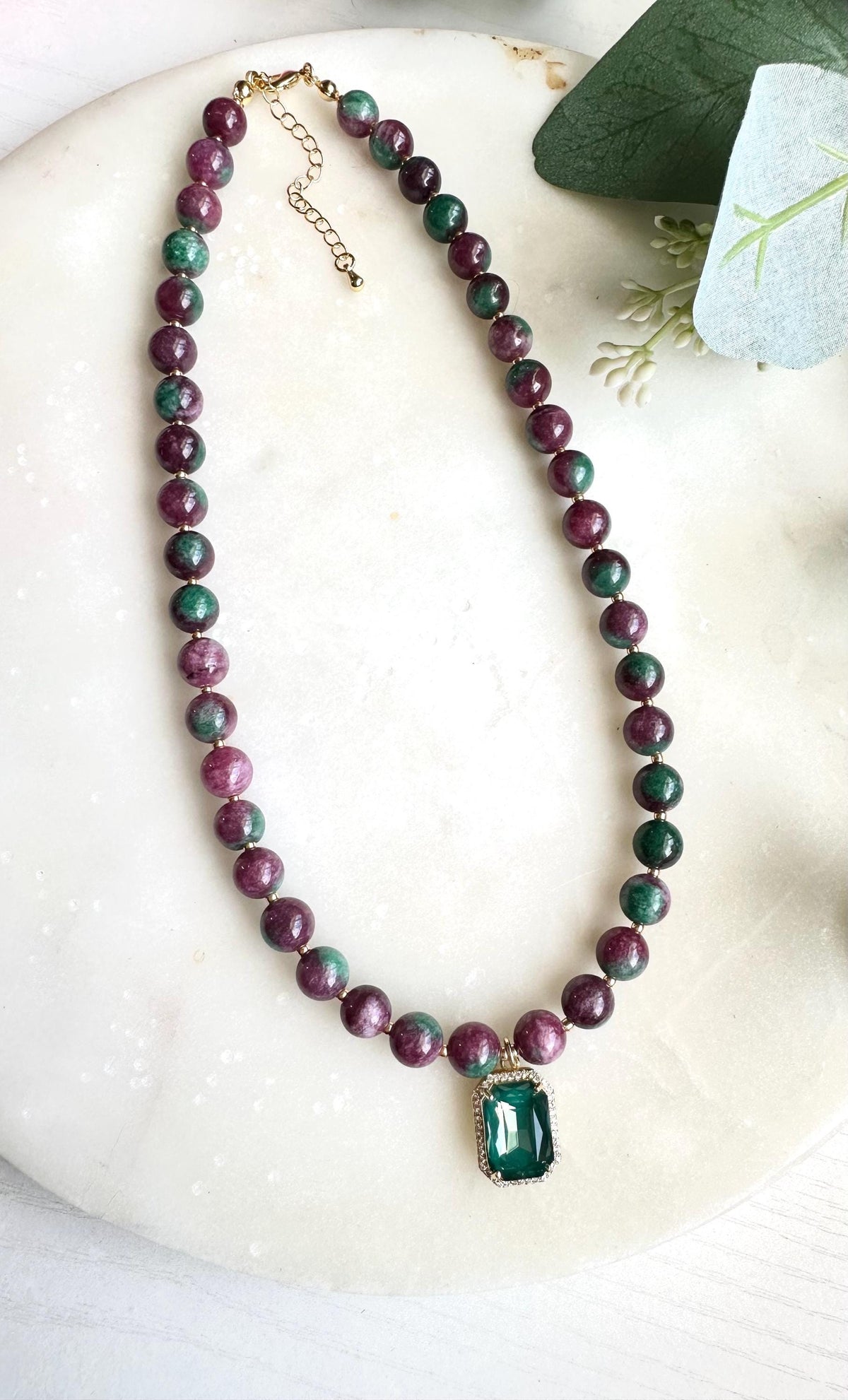 Ruby Zoisite Necklace with Green Gemstone Pendant | Ruby Zoisite Beaded Necklace | Statement Gemstone Jewelry | Handmade Necklace
