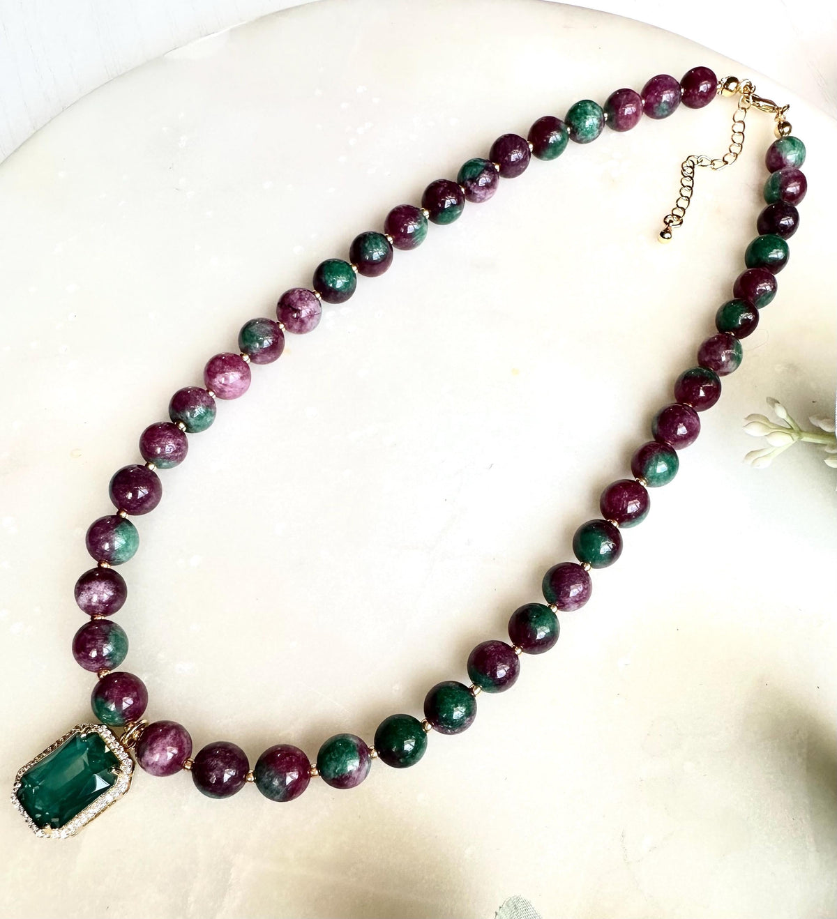 Ruby Zoisite Necklace with Green Gemstone Pendant | Ruby Zoisite Beaded Necklace | Statement Gemstone Jewelry | Handmade Necklace
