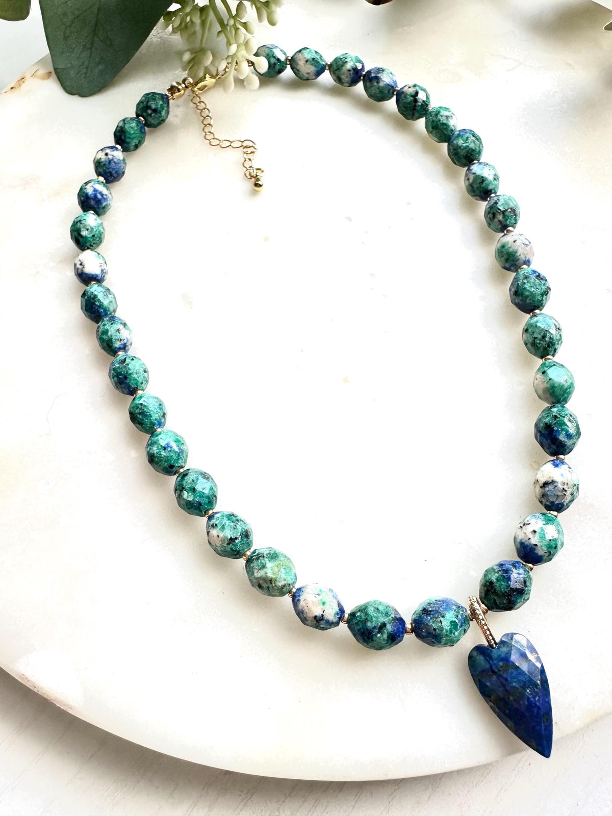 Azurite and Lapis Lazuli Heart Necklace | Blue Green Gemstone Beaded Necklace | Handmade Gold Jewelry | Ocean-Inspired Statement Necklace