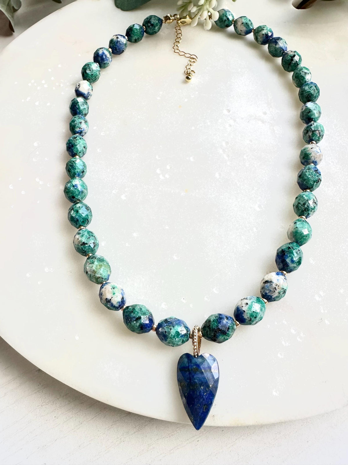 Azurite and Lapis Lazuli Heart Necklace | Blue Green Gemstone Beaded Necklace | Handmade Gold Jewelry | Ocean-Inspired Statement Necklace