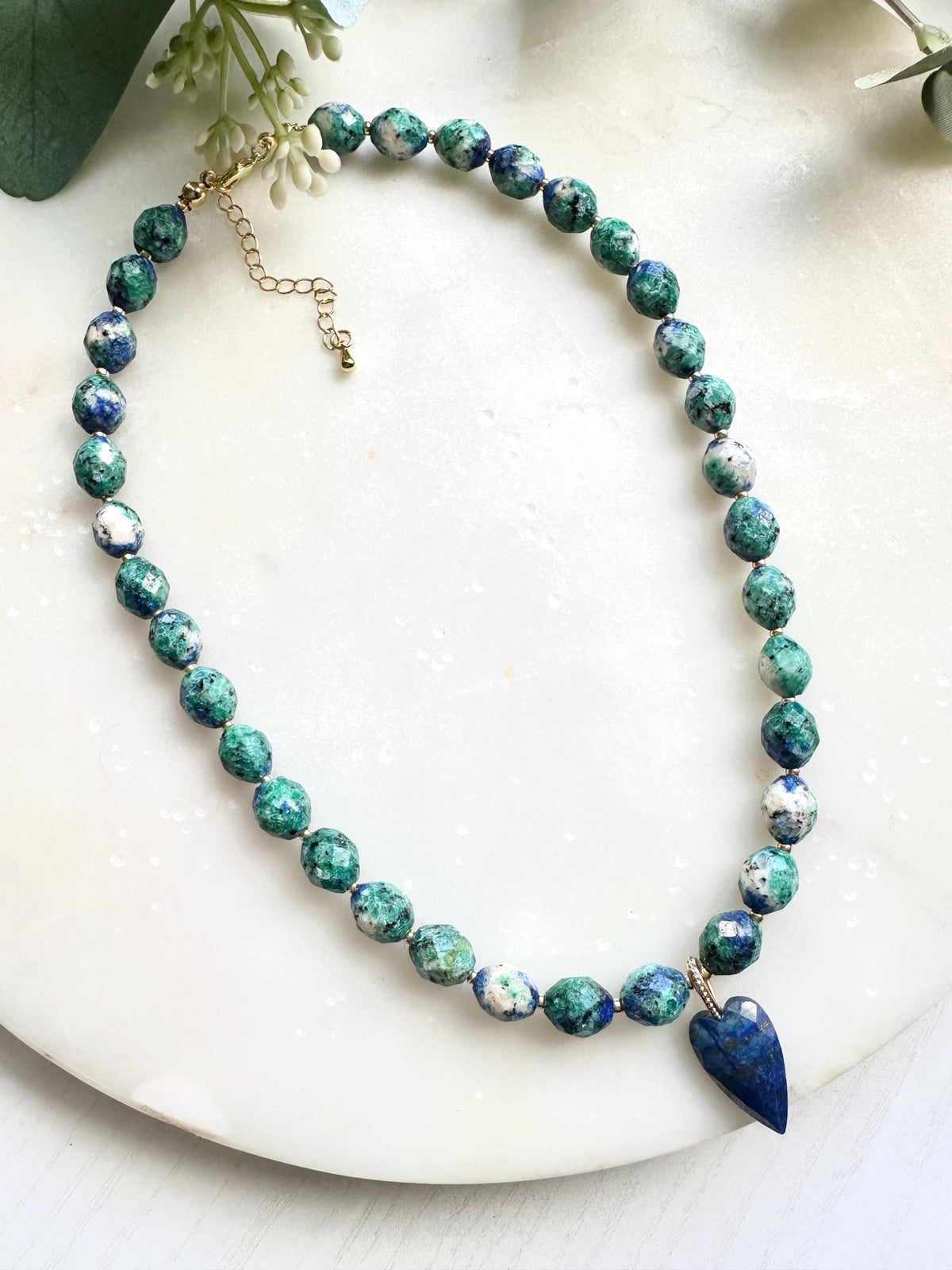 Azurite and Lapis Lazuli Heart Necklace | Blue Green Gemstone Beaded Necklace | Handmade Gold Jewelry | Ocean-Inspired Statement Necklace