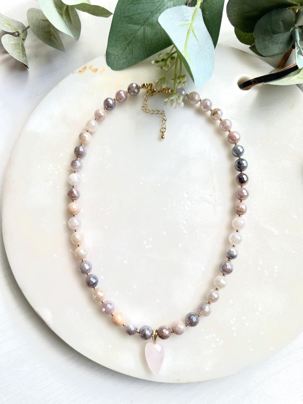 Mystic Lavender Quartz Necklace with Rose Quartz Heart Pendant | Faceted Crystal Beaded Necklace | Romantic Handmade Jewelry | Gift for Her
