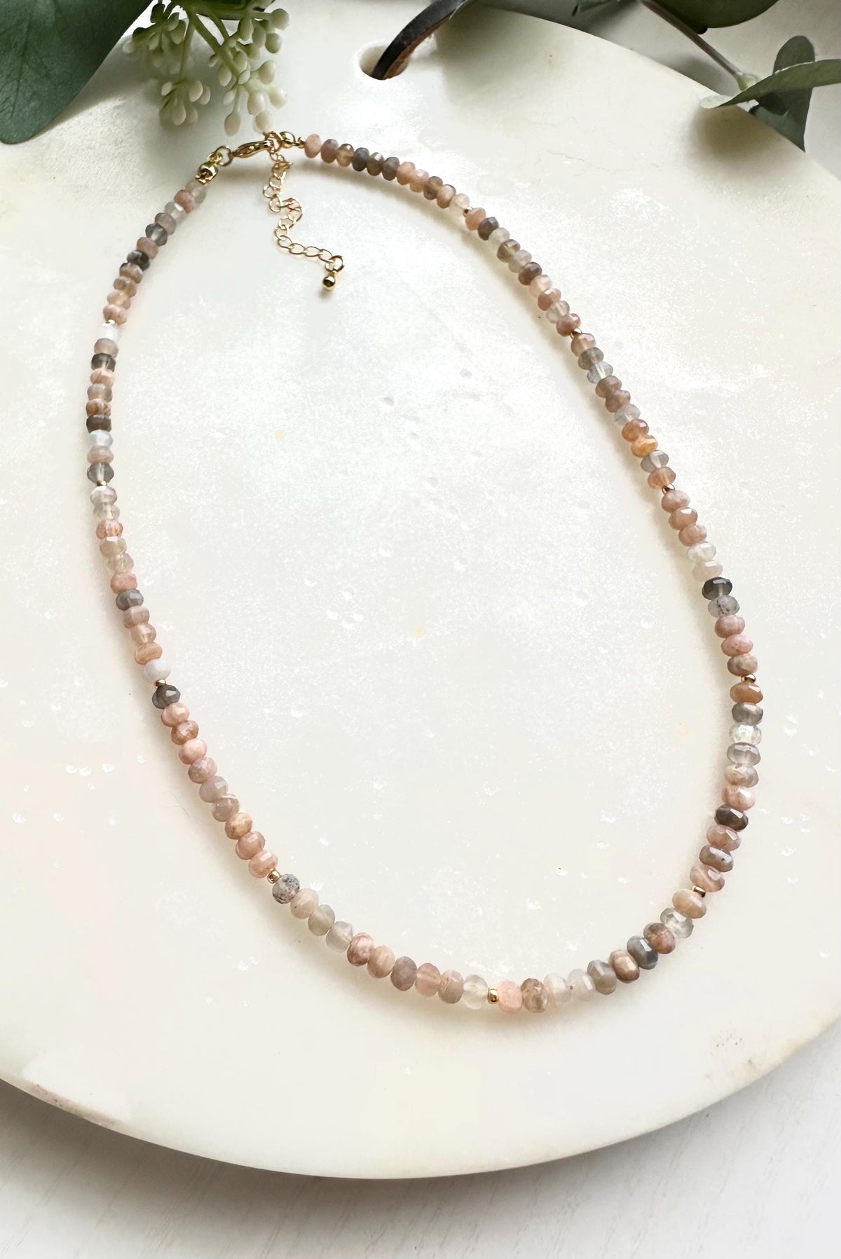 Peach Moonstone Necklace | 4mm Faceted Gemstone Beaded Necklace | Dainty Layering Necklace | Handmade Gold Jewelry | Soft Neutral Gift
