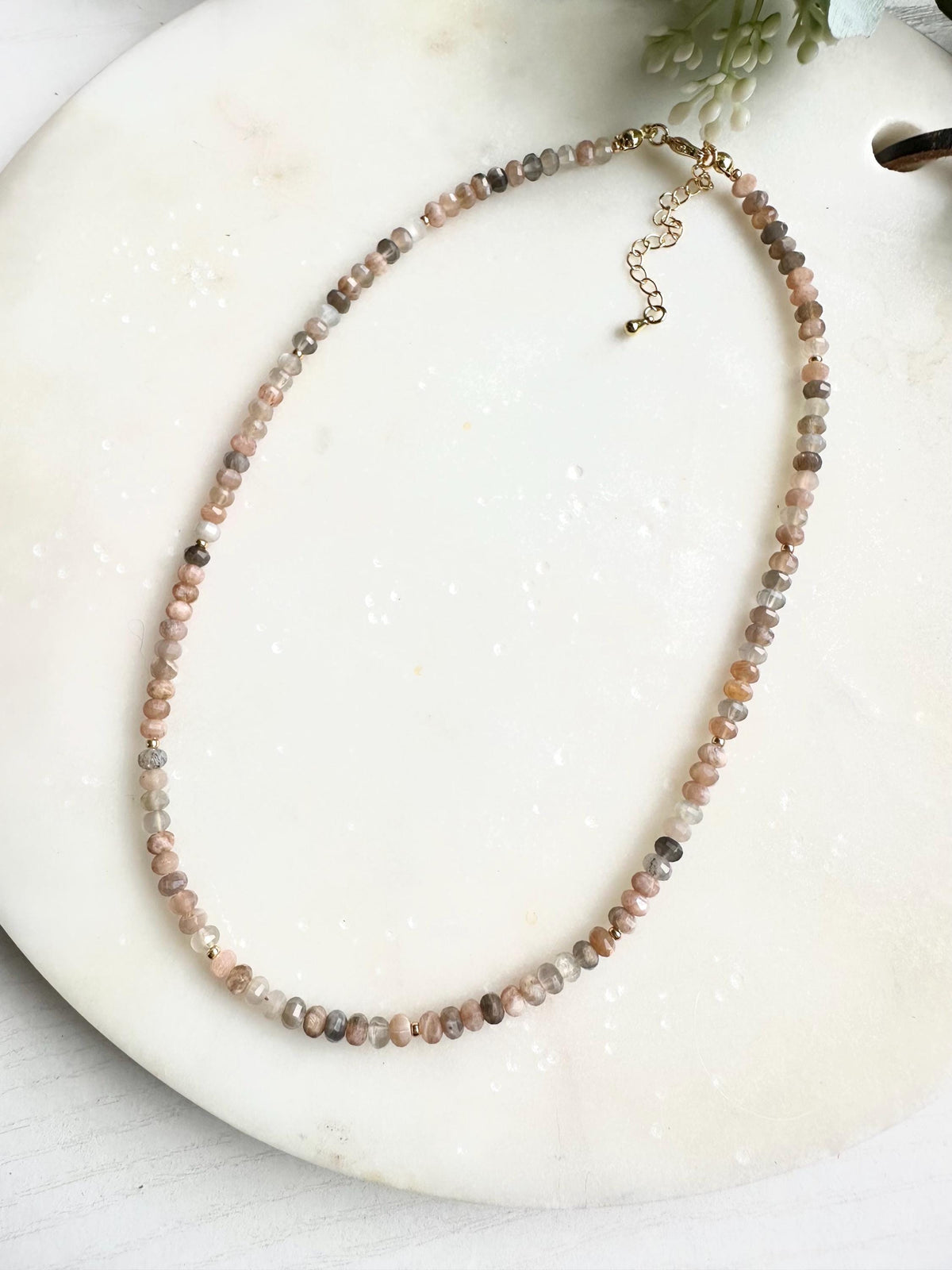 Peach Moonstone Necklace | 4mm Faceted Gemstone Beaded Necklace | Dainty Layering Necklace | Handmade Gold Jewelry | Soft Neutral Gift