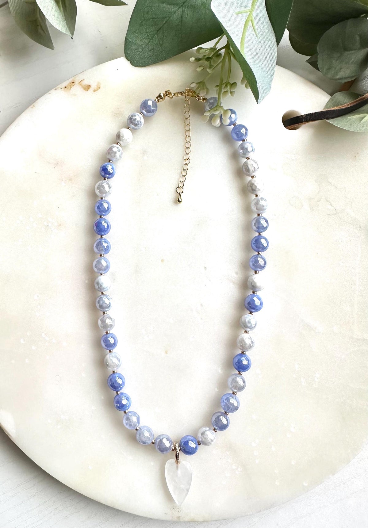 Mystic Blue Fire Agate Necklace with White Quartz Heart Pendant | Faceted Gemstone Beaded Necklace | Handmade Gift for Her