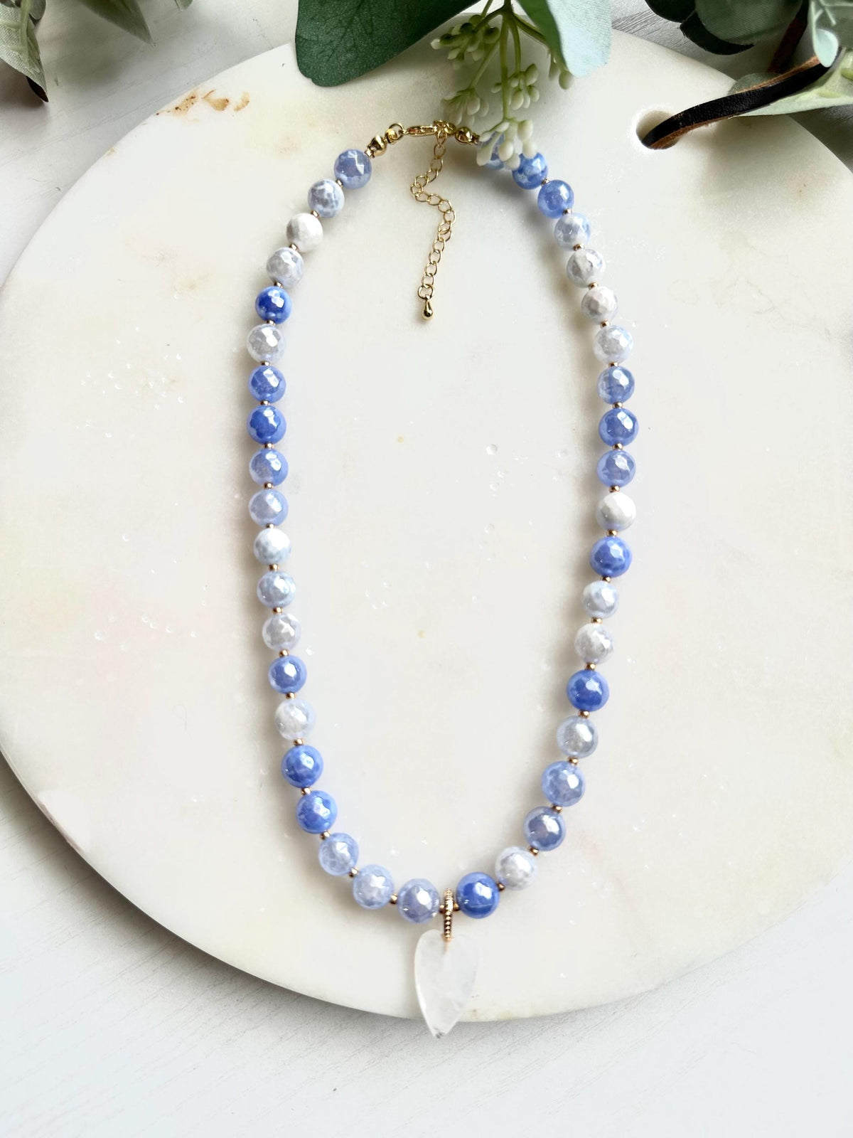 Mystic Blue Fire Agate Necklace with White Quartz Heart Pendant | Faceted Gemstone Beaded Necklace | Handmade Gift for Her