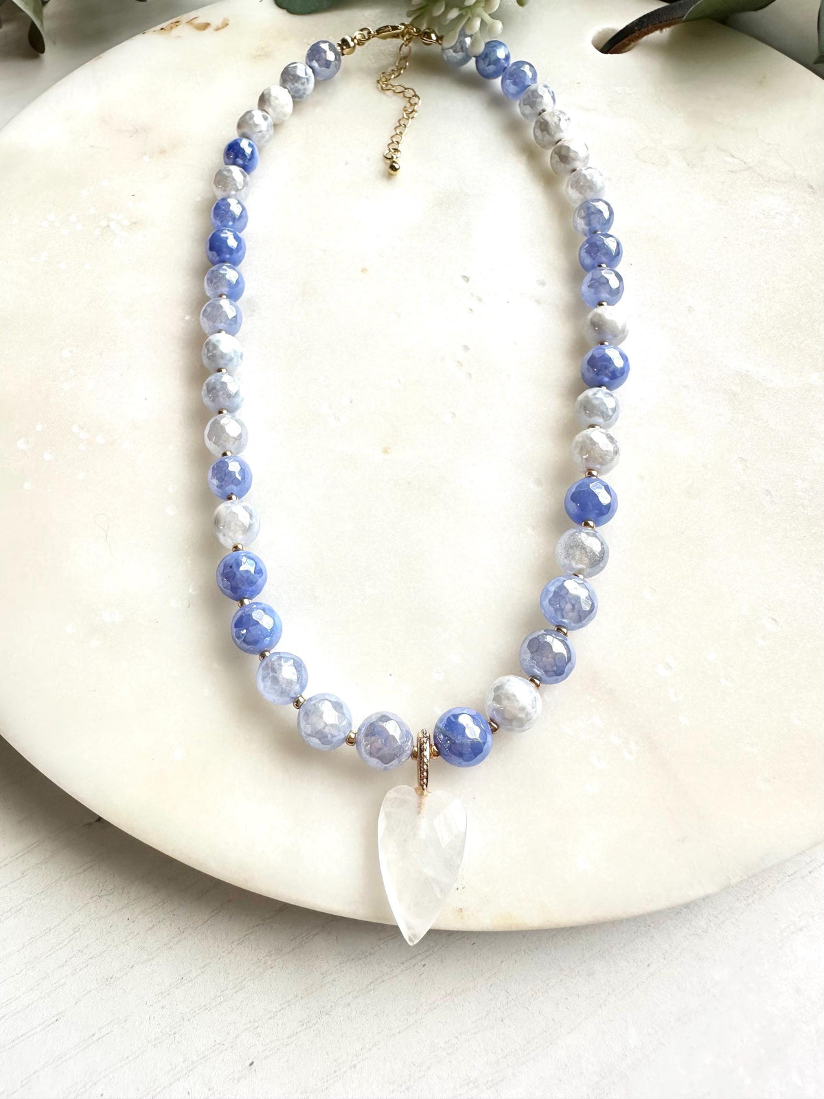 Mystic Blue Fire Agate Necklace with White Quartz Heart Pendant | Faceted Gemstone Beaded Necklace | Handmade Gift for Her