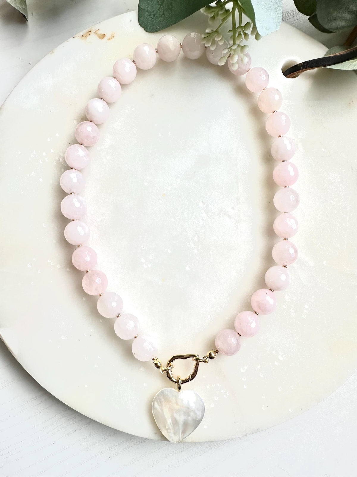 Rose Quartz Necklace with Freshwater Shell Heart Pendant | 12mm Faceted Gemstone Beaded Necklace | Romantic Handmade Jewelry | Gift for Her