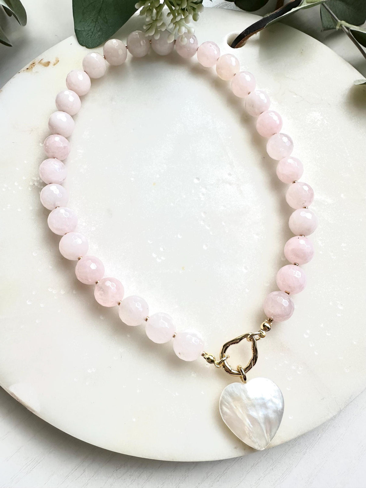 Rose Quartz Necklace with Freshwater Shell Heart Pendant | 12mm Faceted Gemstone Beaded Necklace | Romantic Handmade Jewelry | Gift for Her