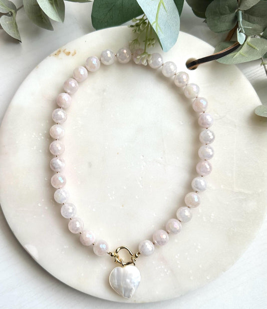Mystic Rose Quartz Necklace with Freshwater Shell Heart Pendant | 12mm Faceted Gemstone Beaded Necklace | Romantic Handmade Jewelry |