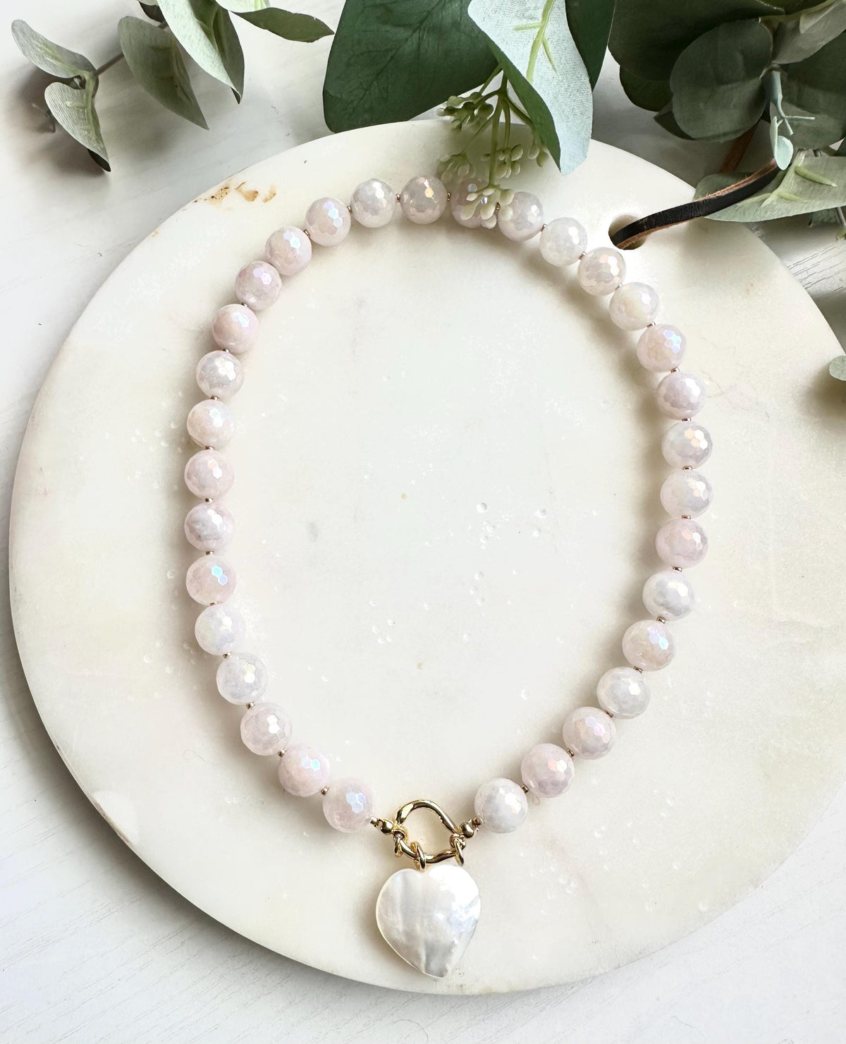 Mystic Rose Quartz Necklace with Freshwater Shell Heart Pendant | 12mm Faceted Gemstone Beaded Necklace | Romantic Handmade Jewelry |