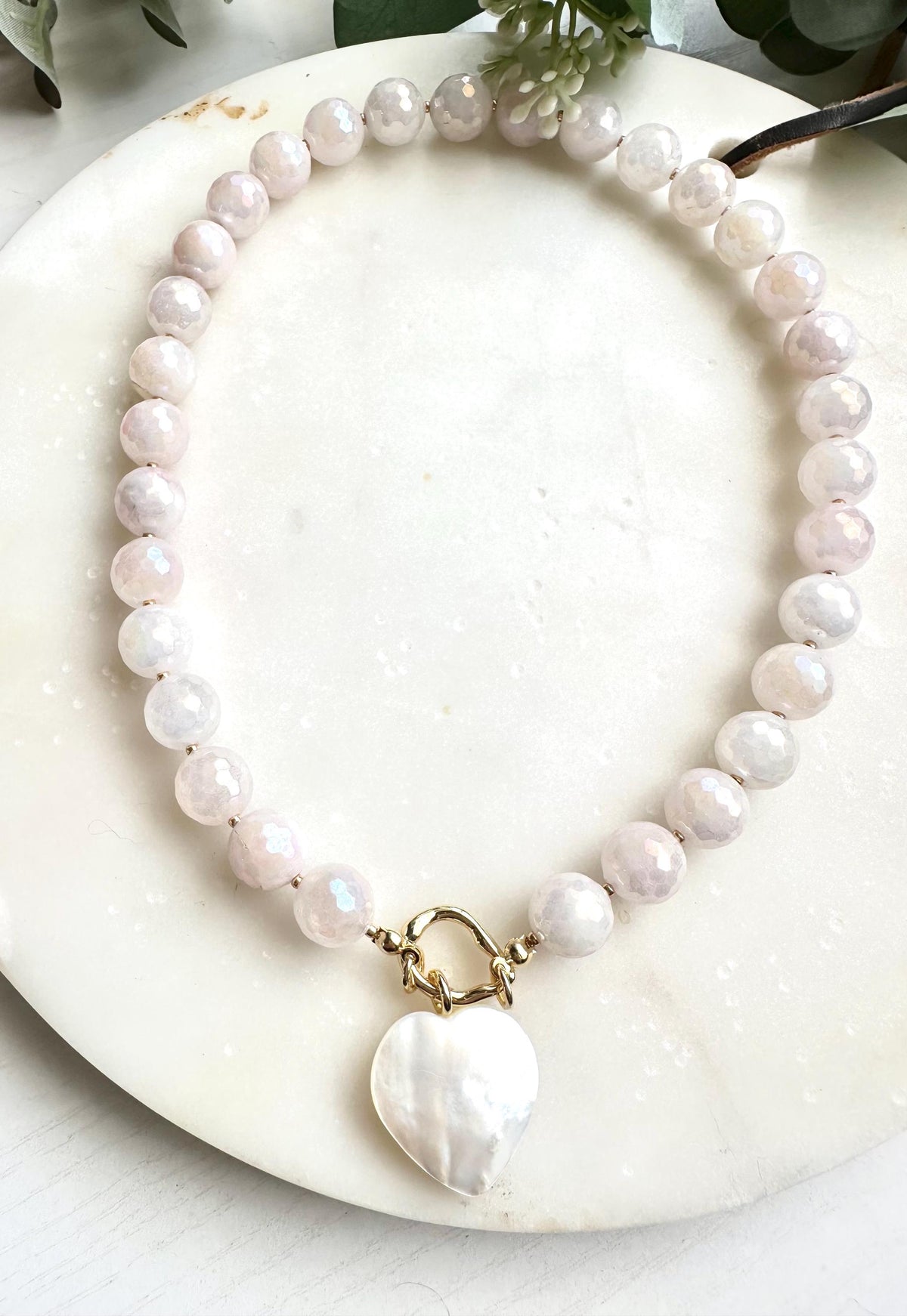 Mystic Rose Quartz Necklace with Freshwater Shell Heart Pendant | 12mm Faceted Gemstone Beaded Necklace | Romantic Handmade Jewelry |