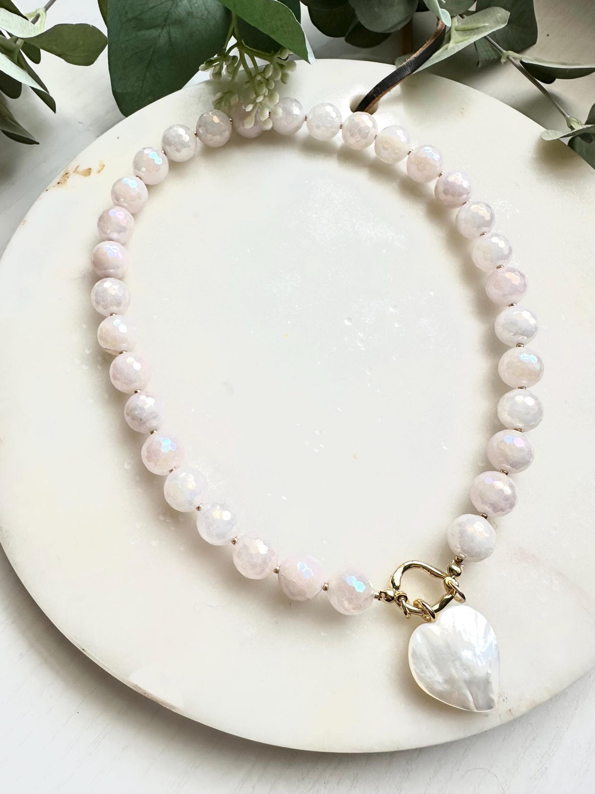 Mystic Rose Quartz Necklace with Freshwater Shell Heart Pendant | 12mm Faceted Gemstone Beaded Necklace | Romantic Handmade Jewelry |