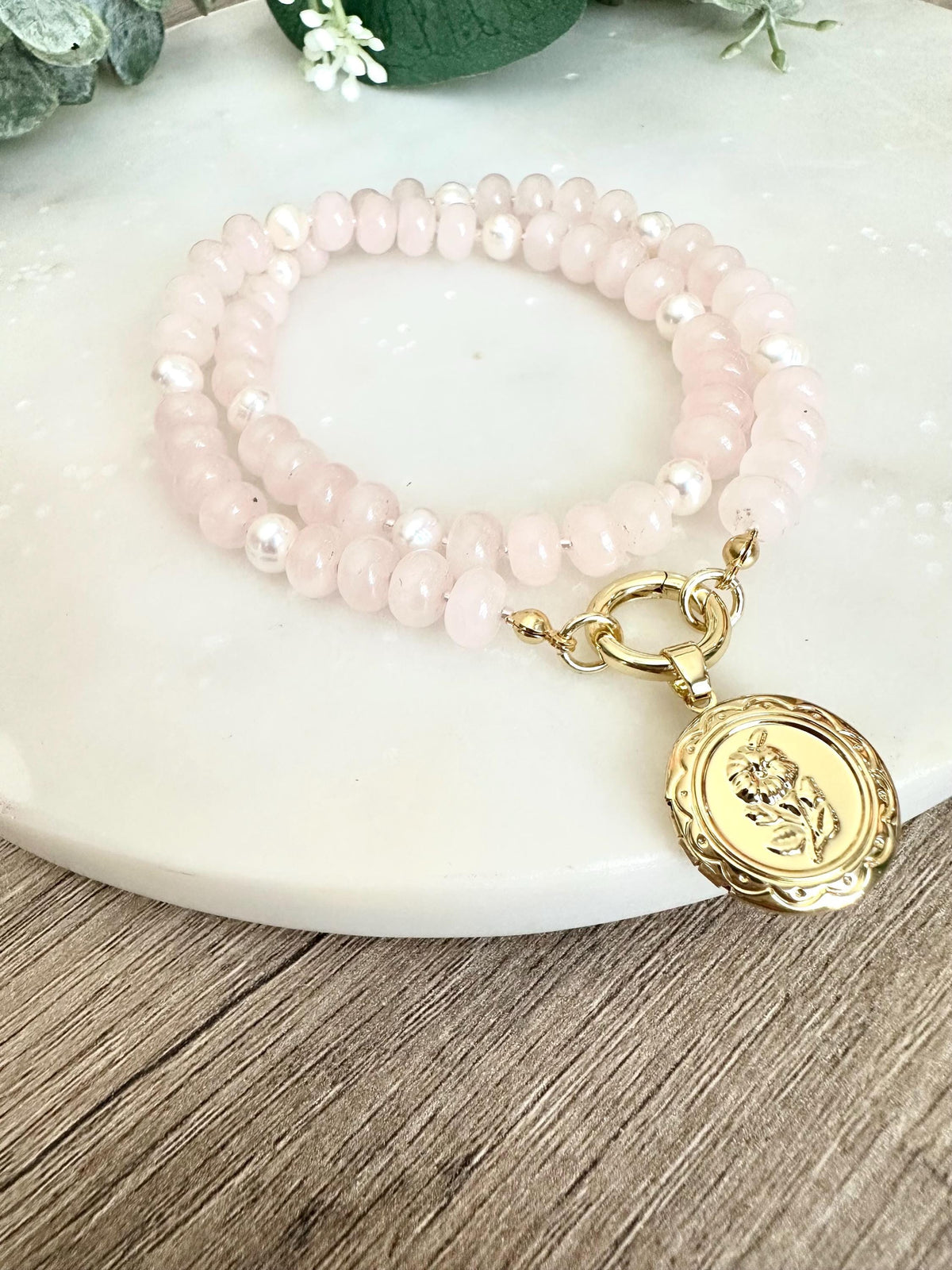 Rose Quartz Freshwater Pearls Beaded Necklace with Rose Locket