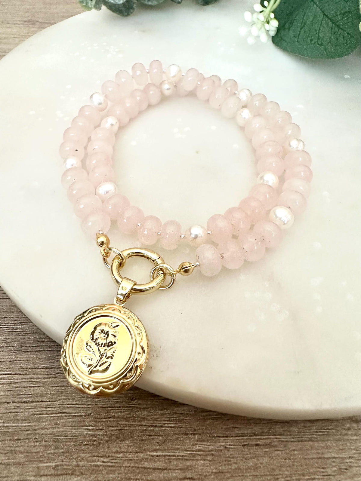 Rose Quartz Freshwater Pearls Beaded Necklace with Rose Locket
