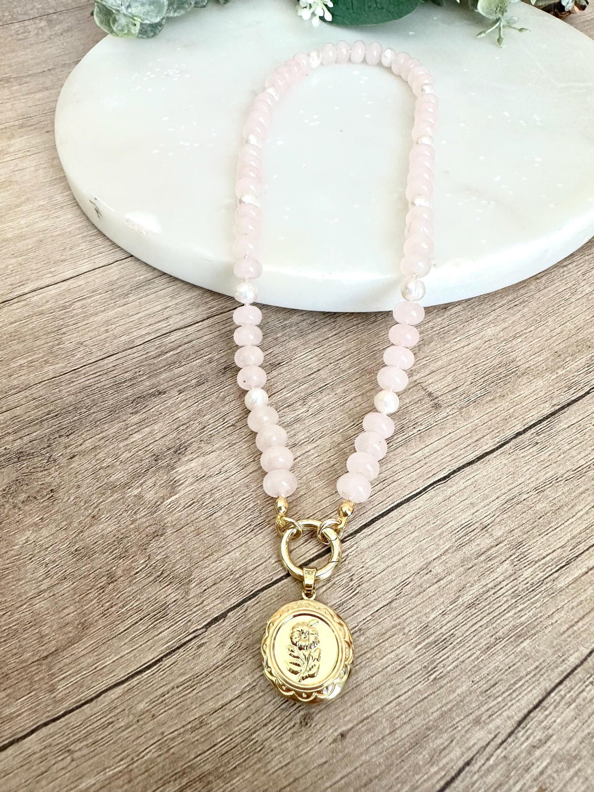 Rose Quartz Freshwater Pearls Beaded Necklace with Rose Locket