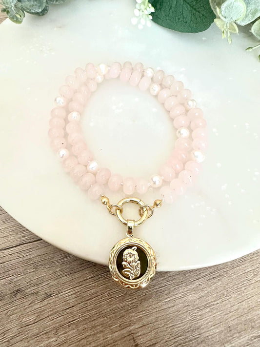 Rose Quartz Freshwater Pearls Beaded Necklace with Rose Locket