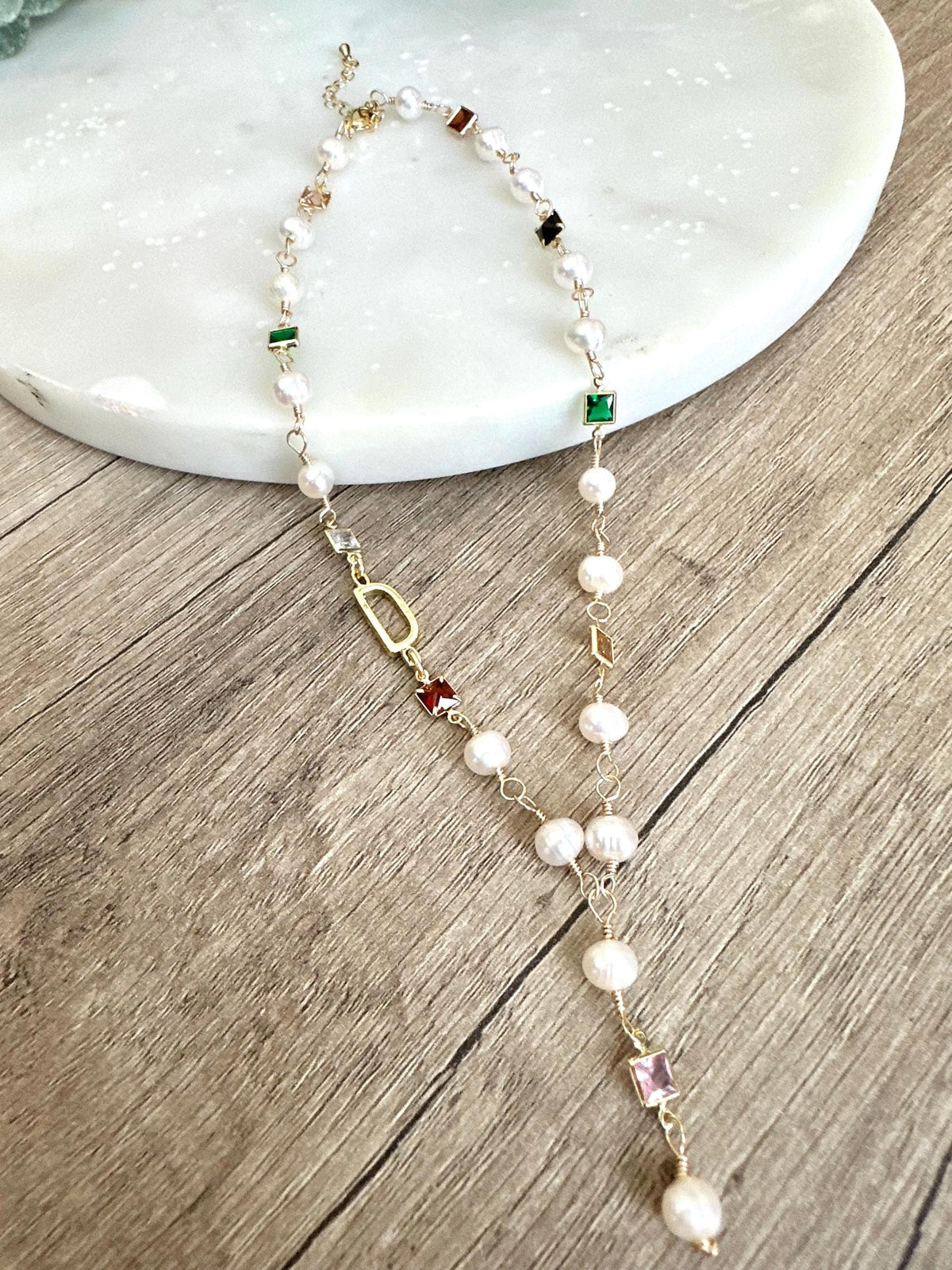 Gold Initial Freshwater Pearl and Crystal Necklace-Gifts for Her- Y Necklace - Personalized Necklace