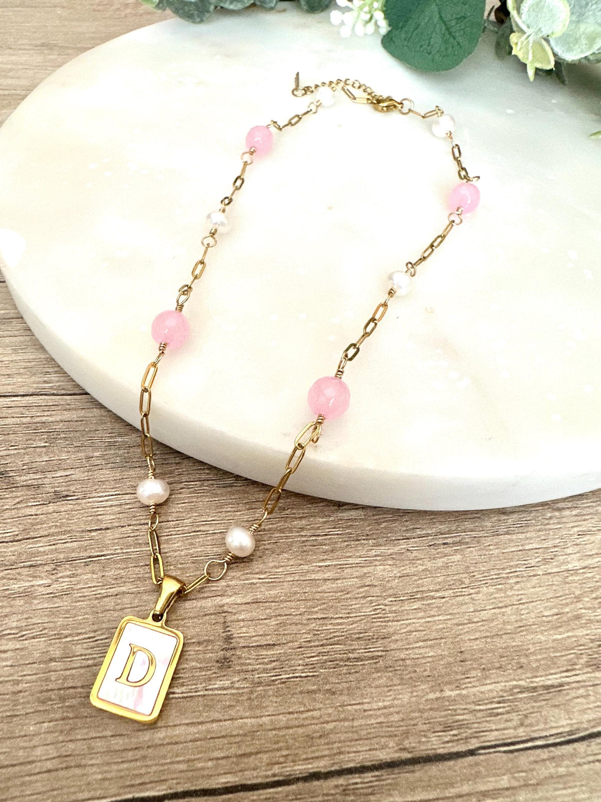 Pink Jade & Pearl Initial Necklace – Personalized Pink Shell Pendant