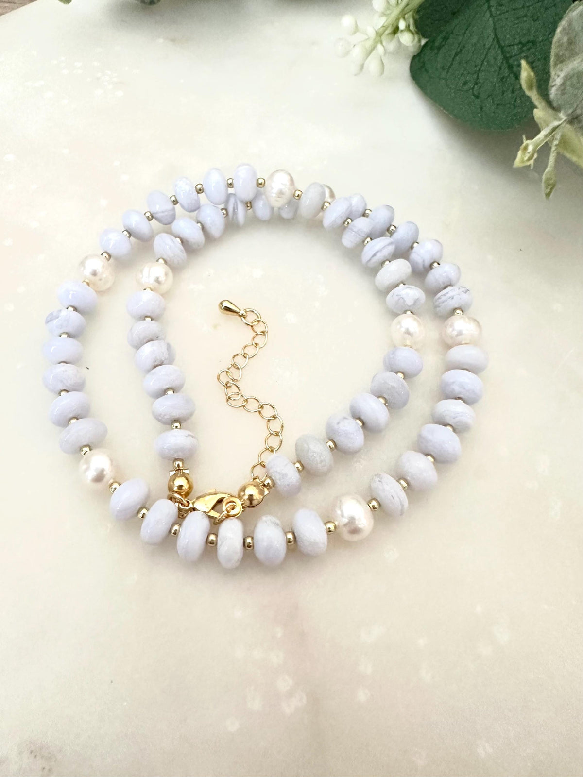 Blue Lace Chalcedony and Freshwater Pearls Beaded Necklace -Gift-Wedding-Bridesmaids