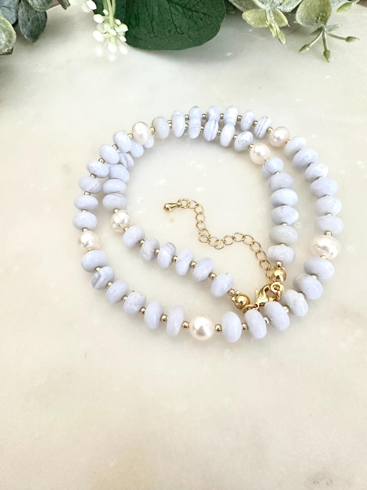 Blue Lace Chalcedony and Freshwater Pearls Beaded Necklace -Gift-Wedding-Bridesmaids