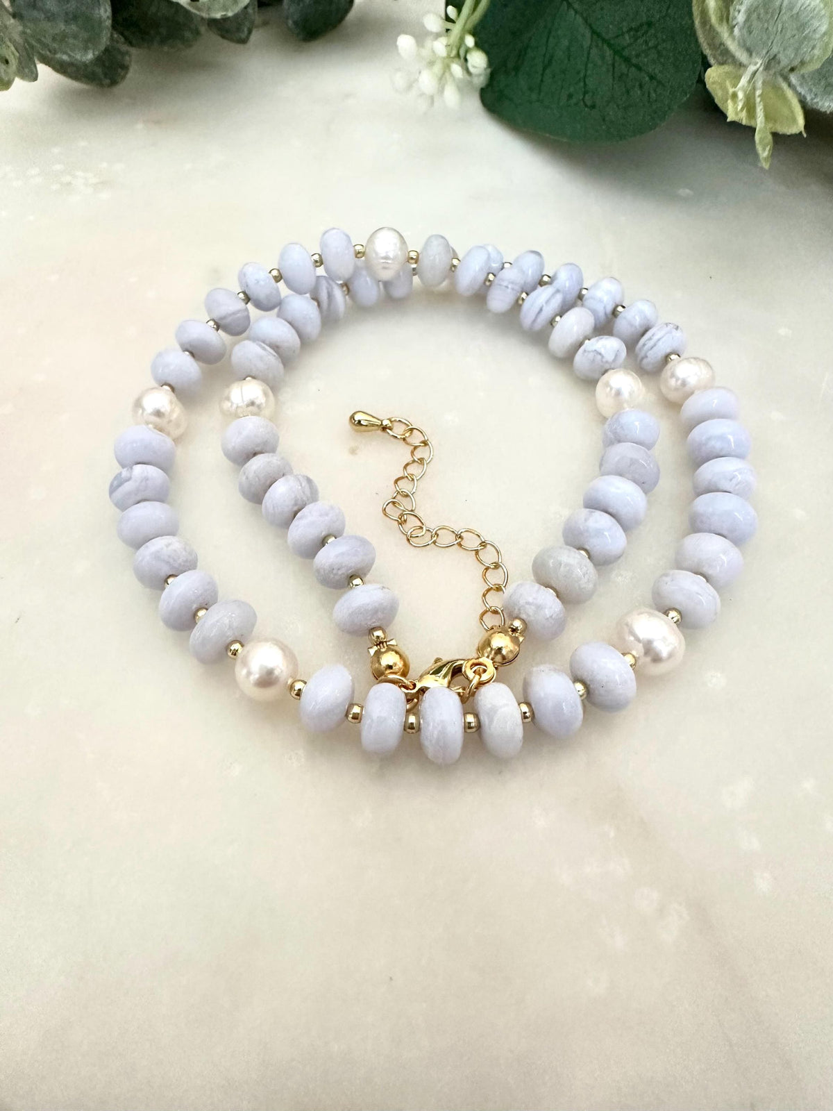 Blue Lace Chalcedony and Freshwater Pearls Beaded Necklace -Gift-Wedding-Bridesmaids