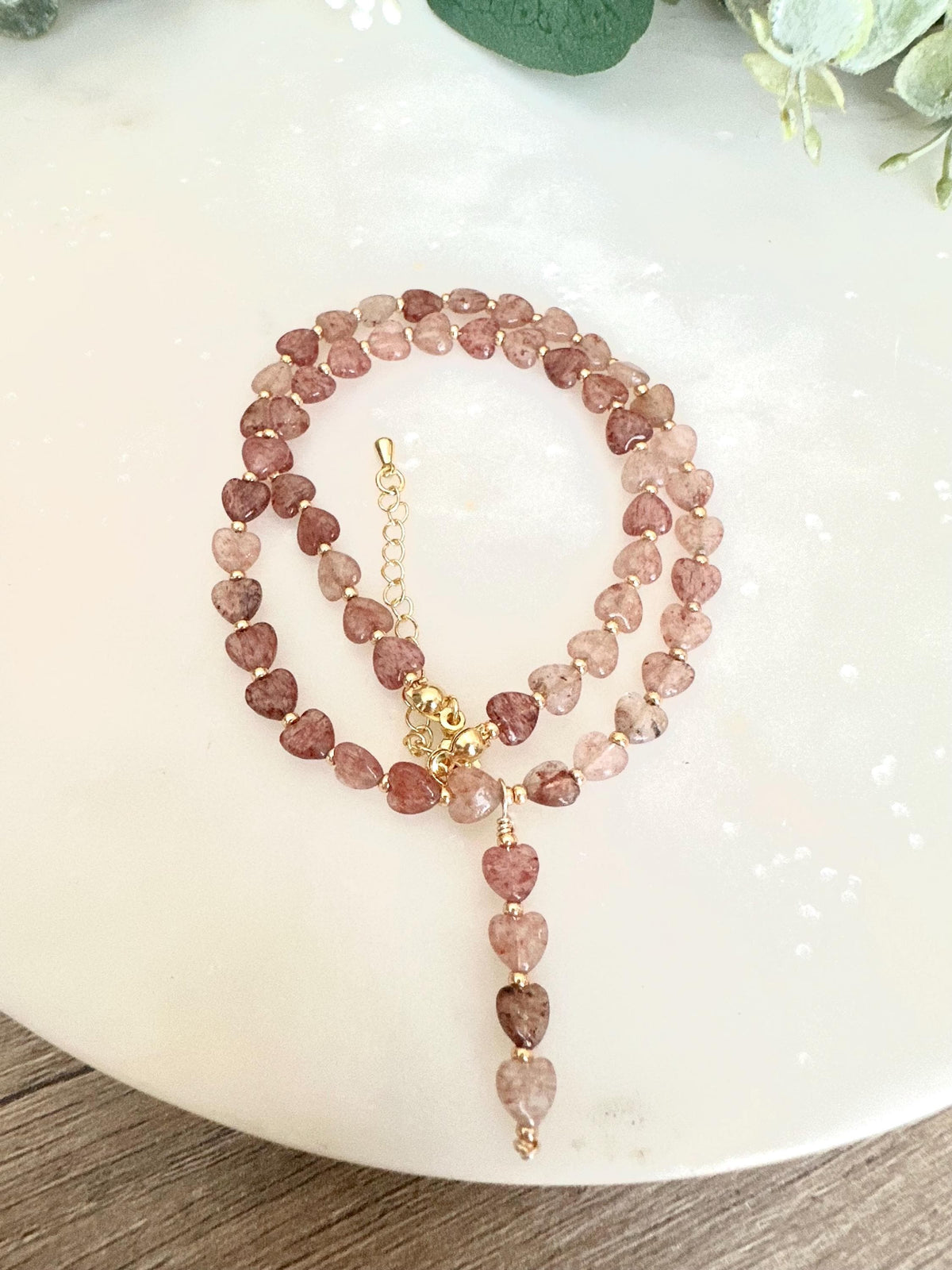 Strawberry Quartz Hearts Necklace-Gifts for Her - Y Necklace