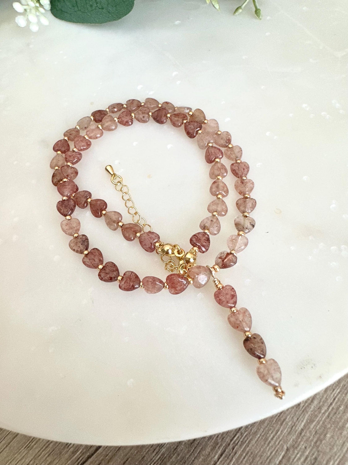 Strawberry Quartz Hearts Necklace-Gifts for Her - Y Necklace