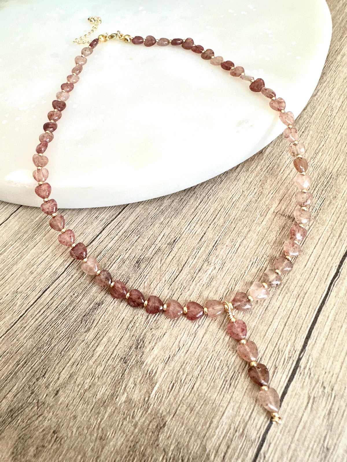 Strawberry Quartz Hearts Necklace-Gifts for Her - Y Necklace
