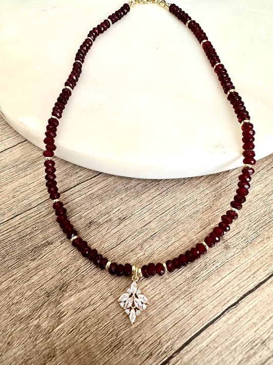 Garnet and Beaded Necklace with Cz Filigree Drop Pendant -Gift-Wedding-Bridesmaid