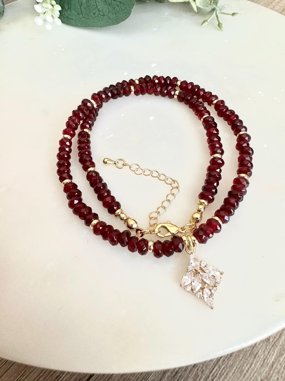 Garnet and Beaded Necklace with Cz Filigree Drop Pendant -Gift-Wedding-Bridesmaid