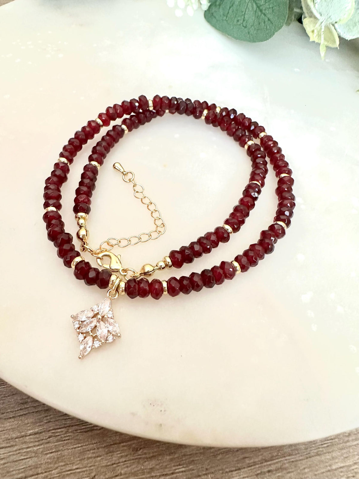 Garnet and Beaded Necklace with Cz Filigree Drop Pendant -Gift-Wedding-Bridesmaid