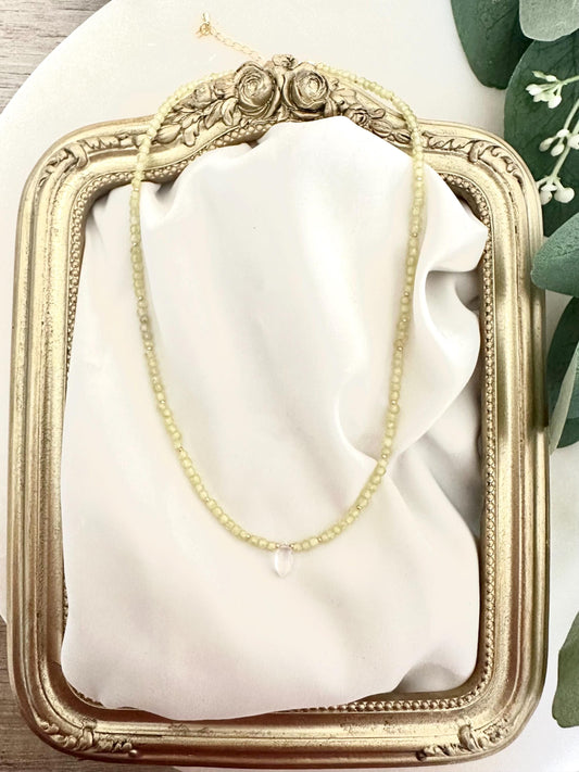 Zircon Peridot Necklace with Clear Quartz Drop | 3–4mm Faceted Gemstone Beaded Necklace | Gold-Filled Layering Jewelry | Handmade Gift