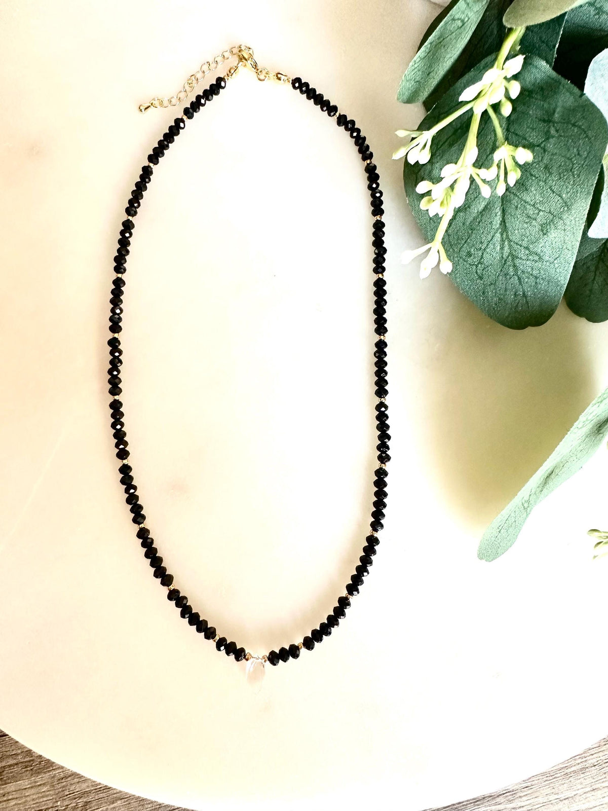 Black Tourmaline Necklace with Clear Quartz Drop | 3mm Faceted Gemstone Layering Necklace | Minimalist Handmade Jewelry | Gift for Her