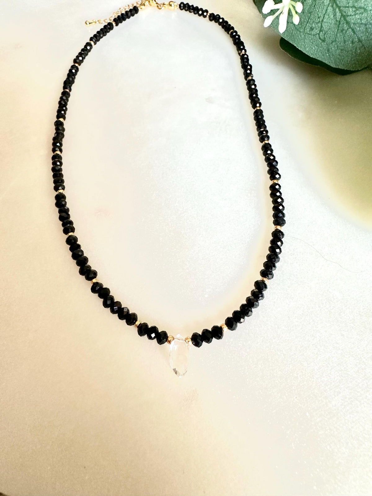Black Tourmaline Necklace with Clear Quartz Drop | 3mm Faceted Gemstone Layering Necklace | Minimalist Handmade Jewelry | Gift for Her
