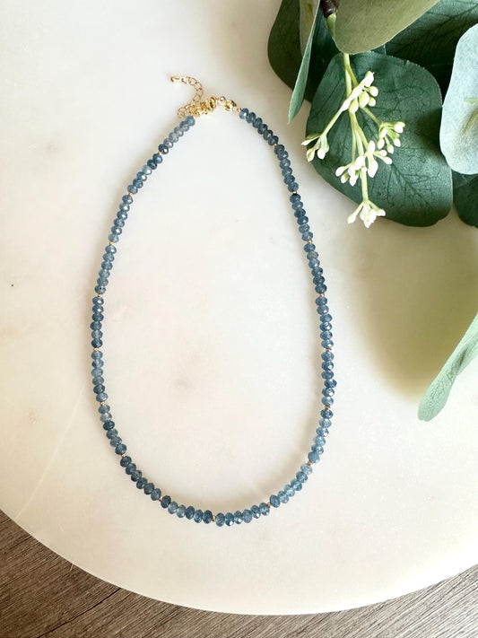 Denim Blue Jade Necklace | 3x4mm Faceted Gemstone Beaded Necklace | Handmade Gold Layering Jewelry | Minimalist Gift for Her