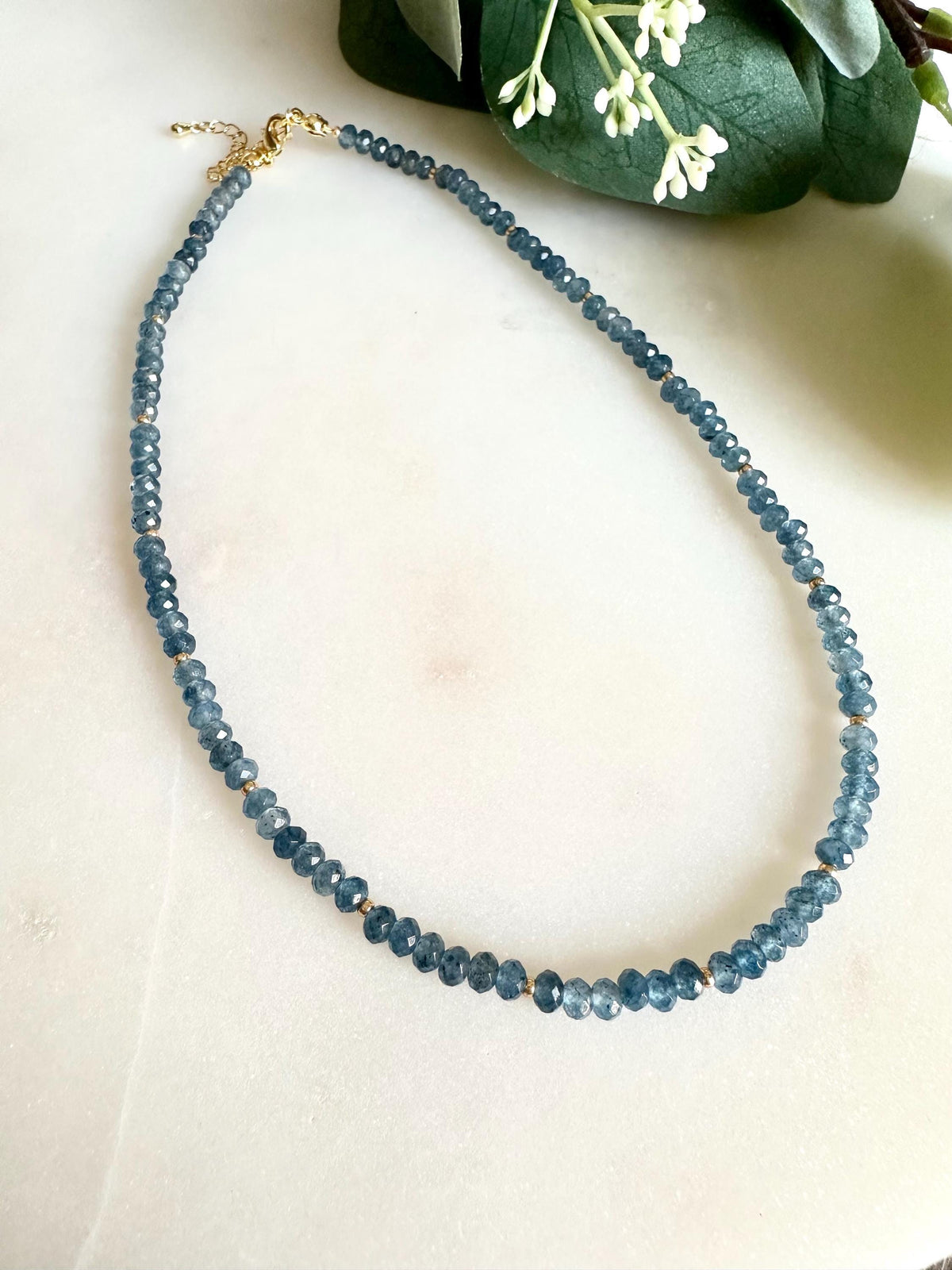 Denim Blue Jade Necklace | 3x4mm Faceted Gemstone Beaded Necklace | Handmade Gold Layering Jewelry | Minimalist Gift for Her