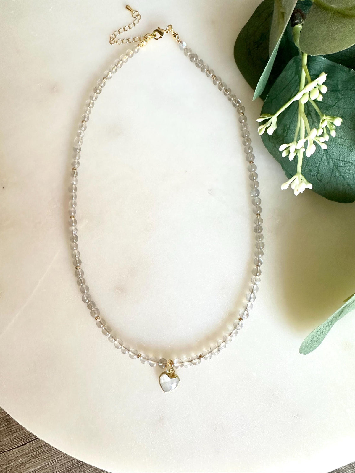 Labradorite Necklace with Moonstone Heart Pendant | 4mm Round Faceted Gemstone Necklace | Gold-Filled Layering Jewelry | Handmade Gift