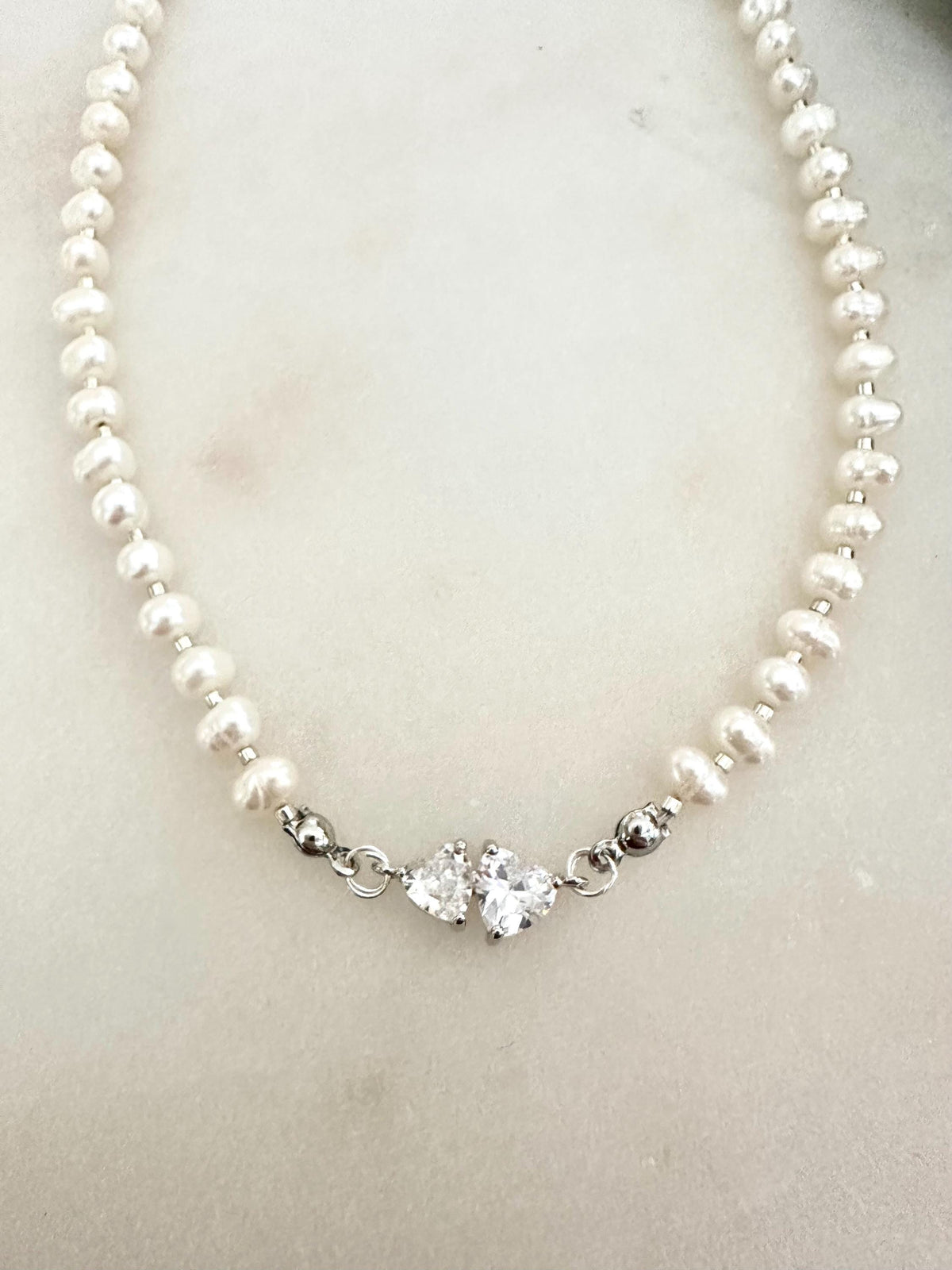 Freshwater Pearl Necklace with Double Heart Connector | 5–6mm Potato Pearls | Romantic Bridal Jewelry | Handmade Gift for Her