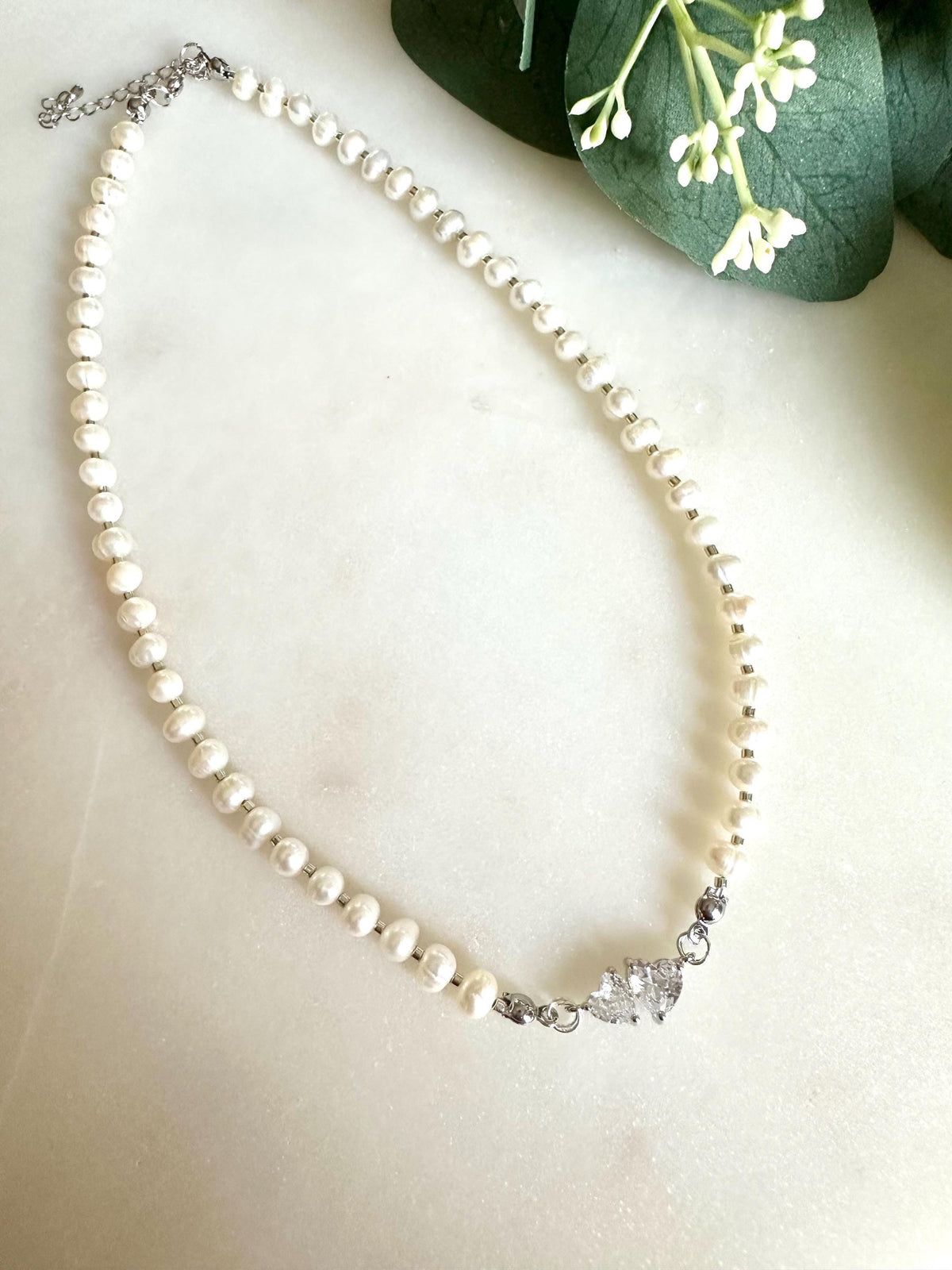 Freshwater Pearl Necklace with Double Heart Connector | 5–6mm Potato Pearls | Romantic Bridal Jewelry | Handmade Gift for Her