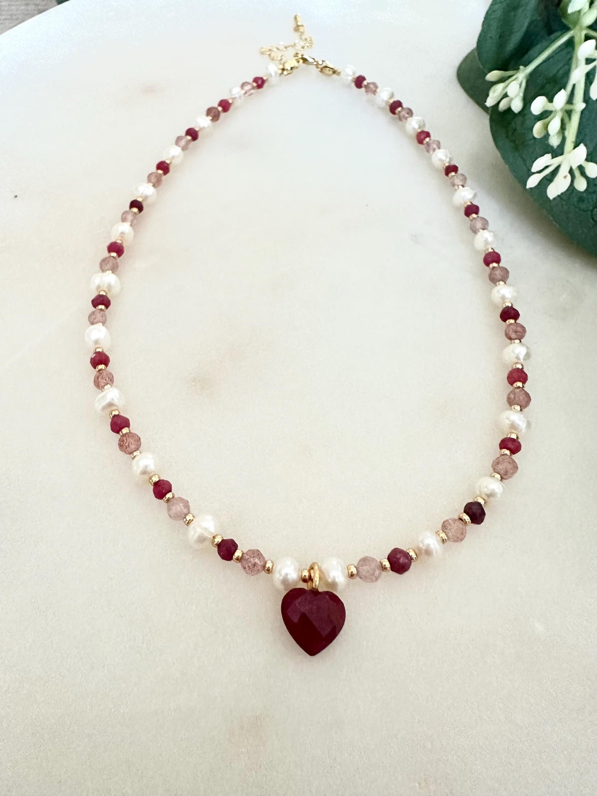 Strawberry Quartz, Ruby & Pearl Necklace with Ruby Heart Pendant | Romantic Gemstone Necklace | Handmade Gold-Filled Jewelry | Gift for Her
