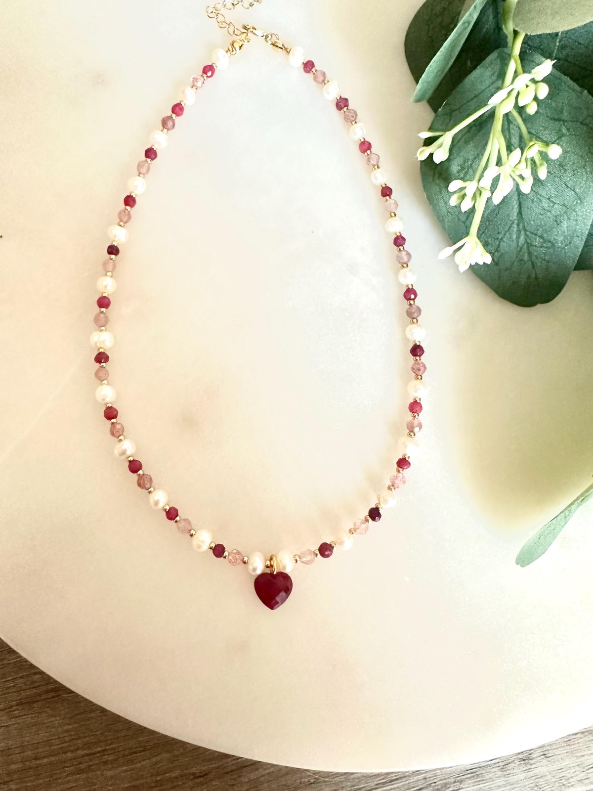 Strawberry Quartz, Ruby & Pearl Necklace with Ruby Heart Pendant | Romantic Gemstone Necklace | Handmade Gold-Filled Jewelry | Gift for Her