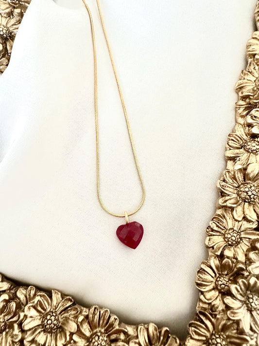 Ruby Heart Pendant Necklace | Gold Stainless Steel Snake Chain | 18” Dainty Layering Necklace | Romantic Gift for Her