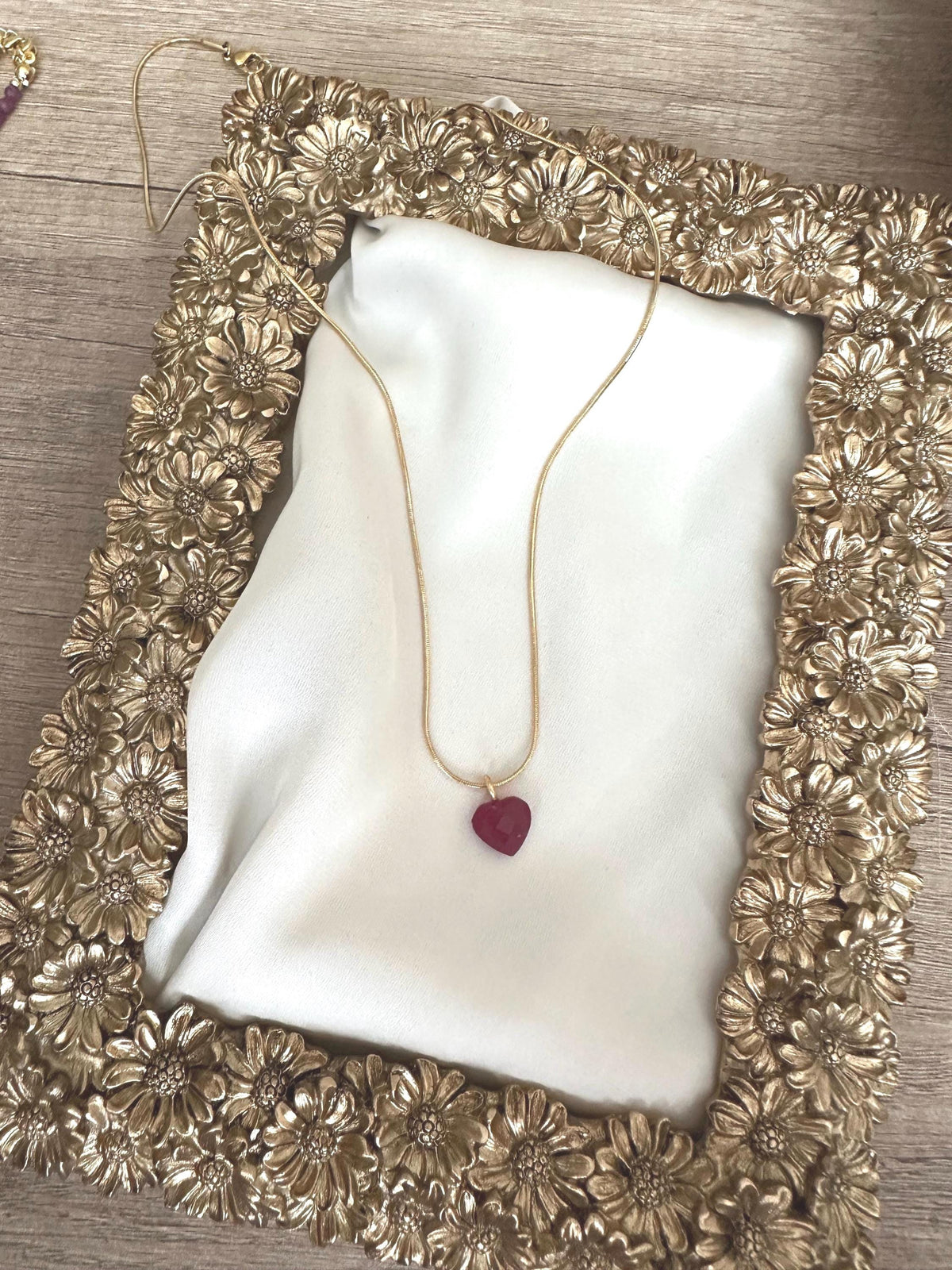 Ruby Heart Pendant Necklace | Gold Stainless Steel Snake Chain | 18” Dainty Layering Necklace | Romantic Gift for Her
